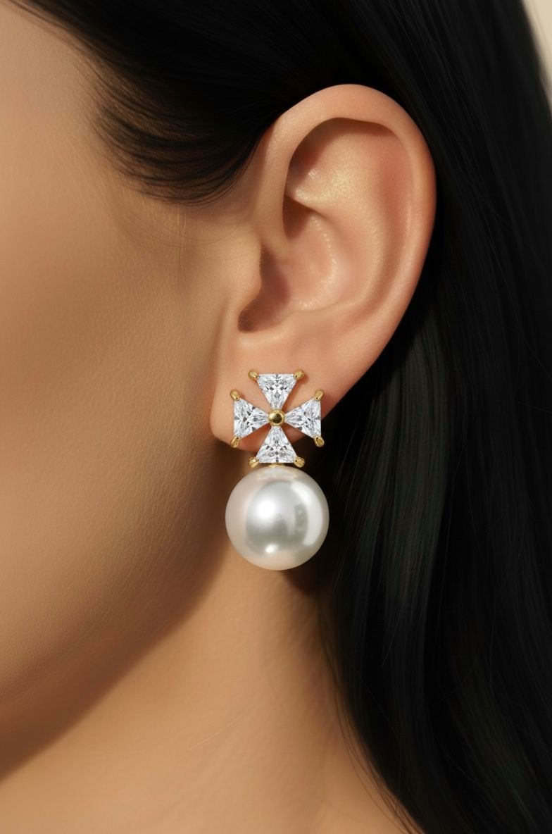 Crystal Flower Pearl Drop Earrings