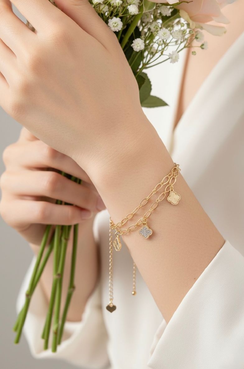 Rose Gold Clover Charm Layered Bracelet