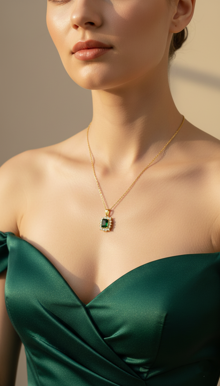 Emerald Glow Pendant Necklace – 18KT Gold Finish