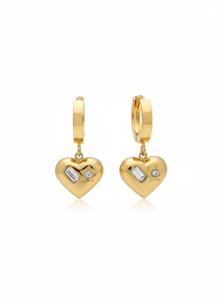 Celestial Heart Charm Gold Hoops