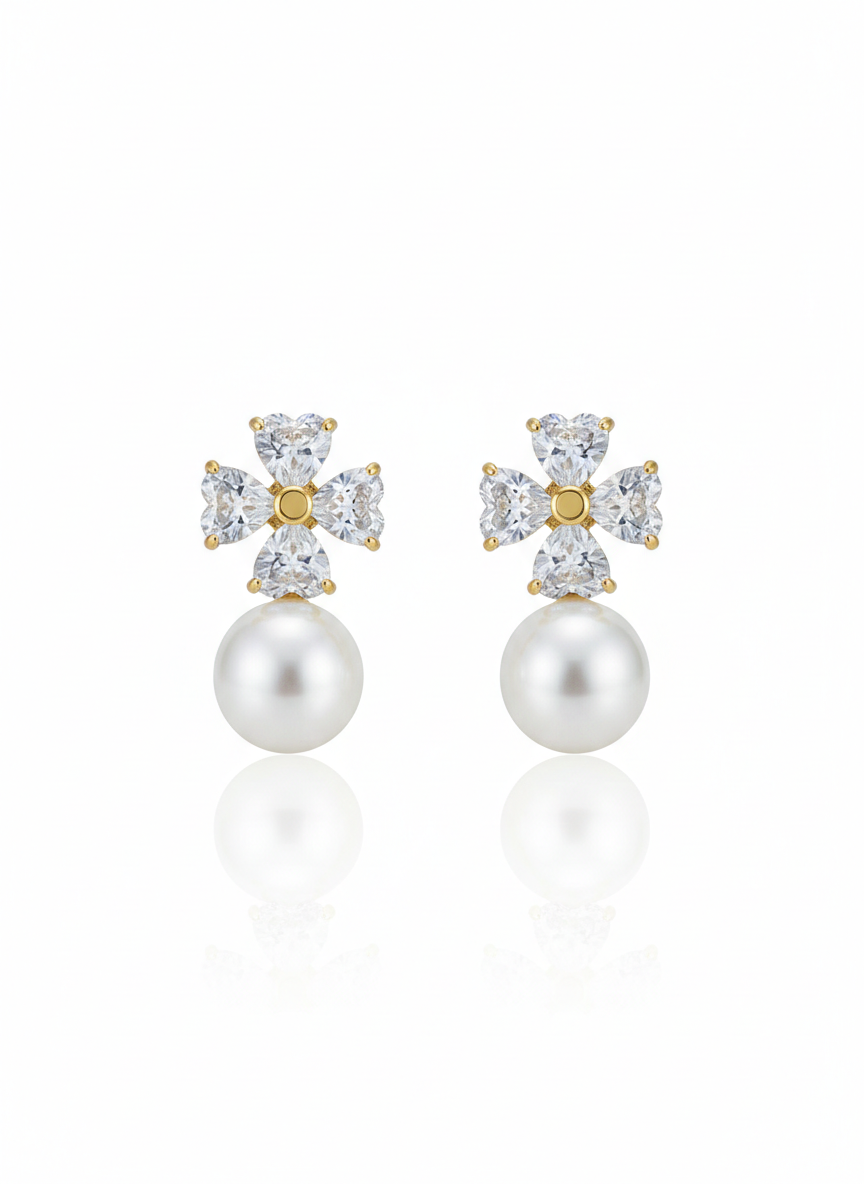Crystal Heart Floral Pearl Drop Earrings