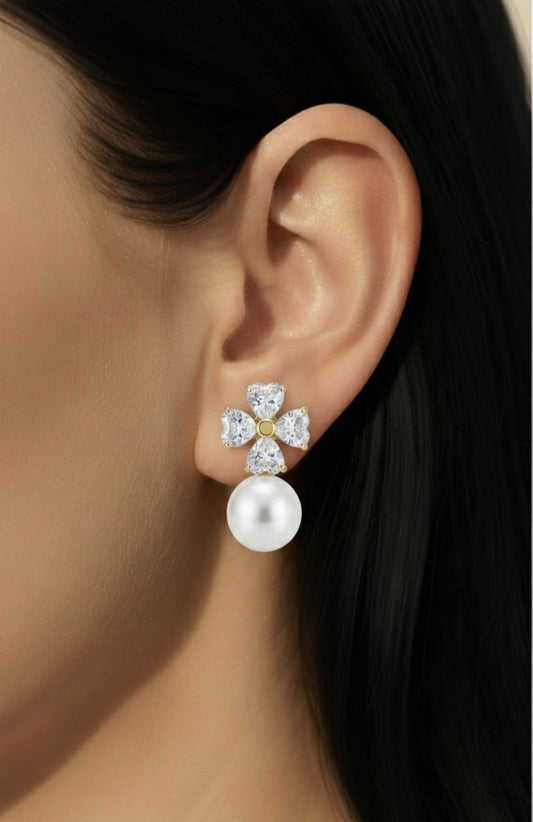 Crystal Heart Floral Pearl Drop Earrings