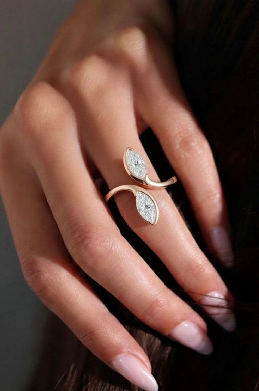 Minimal Leaf Pavé Open Ring