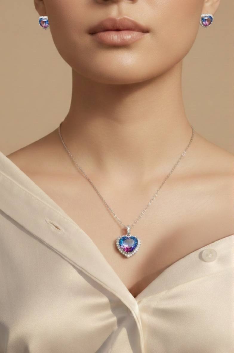 Anti-Tarnish Heart Pendant Necklace with Stud Earrings – Silver Finish